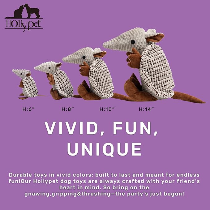 Hollypet Plush Dog Squeaky Toy Stuffed Armadillo Animal Pet Puppy Chew Toys with Clean Teeth for Small Medium Large All Breed Sizes Dogs, Gray Large, 8 in