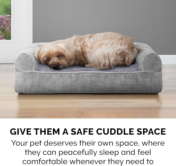 Furhaven Orthopedic Dog Bed for Large Dogs w/ Removable Bolsters & Washable Cover, For Dogs Up to 125 lbs - Faux Fur & Velvet Sofa - Smoke Gray, Jumbo Plus/XXL