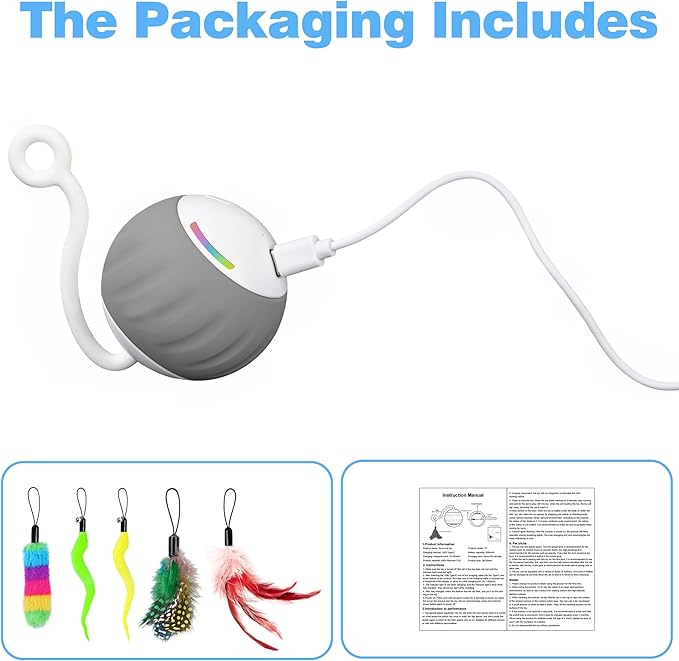 Cat Toys Interactive for Indoor Cats, Touch & Sound Smart Control - Fast slow 2 Speed Motion Activated Cat Ball Toy for Bored Cats With LED Lights, Feathers Tail, USB Charging Cable, 6in1 - Gray