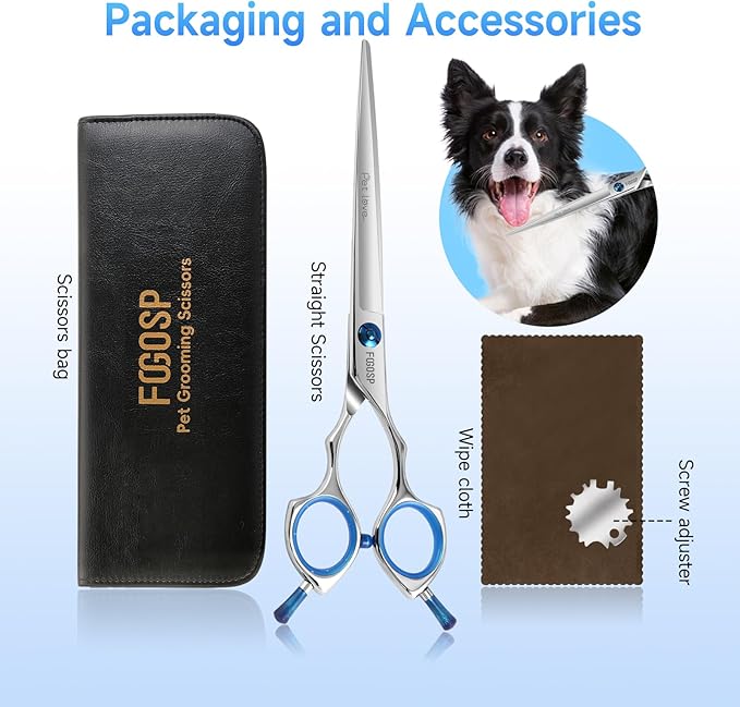Straight Dog Grooming Scissors 7.5 in Professional Dog Hair Scissor Trimming Dogs Pet Cat Shears Japan 440C Symmetric Handle Easy for Cutting Body Leg Hairs(7.5)