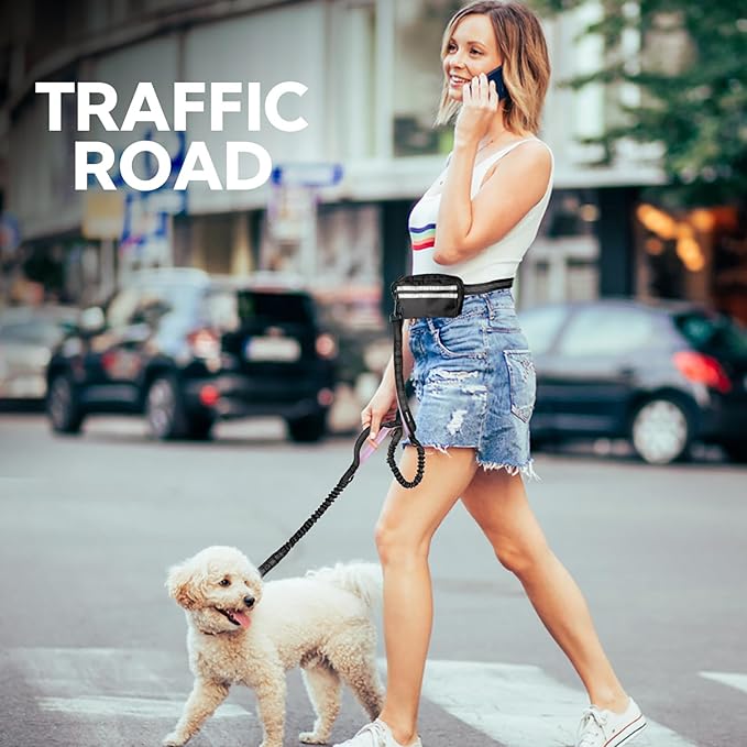 Hands Free Dog Leash, Shcok Abosoring Bungee with Double Padded Handles, Waist Leash for Dog Walking, Dog Leash with Bungee for Medium & Large Dog, Dog Walking Accessories, Black Purple