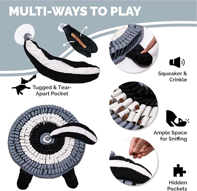POPUPJOYS Durable Hide & Seek Snuffle Mat for Dogs, 2-in-1 Enrichment Puzzle Toy with Detachable Tail & Squeaker, Adjustable Difficulty Level with Suction, Machine Washable, Gift-Ready (Skunk)