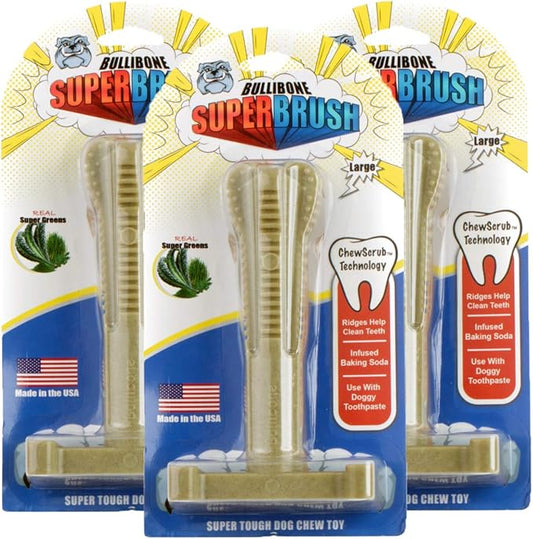 Bullibone SuperBrush: Dog Teeth Cleaning Brushing Toothbrush Stick - Long Lasting Nylon Super Greens Chew Toy for Oral Care and Dental Health