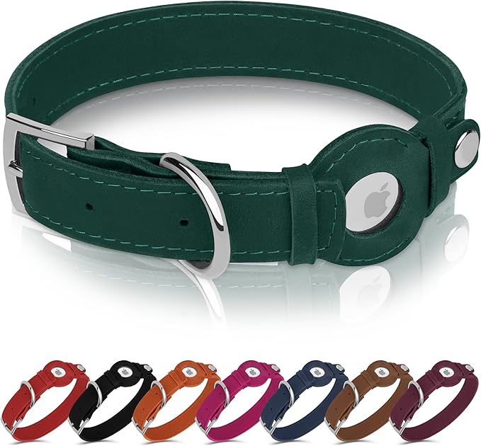 Leather Dog Collar with Airtag Holder - Apple AirTag Dog Collars - Soft Tracking Smart GPS Pet Collar for Small Medium Large Dogs Puppy (Green, L, 15"-19" Neck Fit)