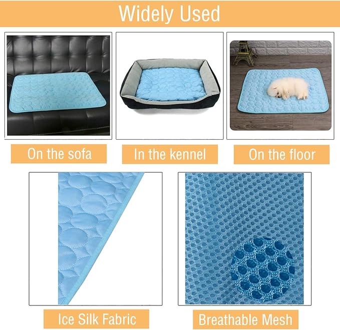 Wontee Dog Cooling Mat Pet Ice Silk Pad Washable Summer Sleeping Bed for Crate, Bed, Sofa, Indoor & Outdoor Floor, Car Seats (Blue + Grey, L)