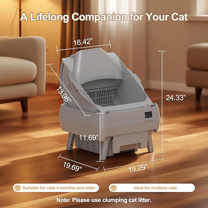 Automatic Cat Litter Box Self Cleaning - APP Control, Open-Style Design, Smart Health Monitor, Suitable for Medium Cats and Kittens, Safe Anti-Pinch, Quiet, A Lifelong Companion - Grey