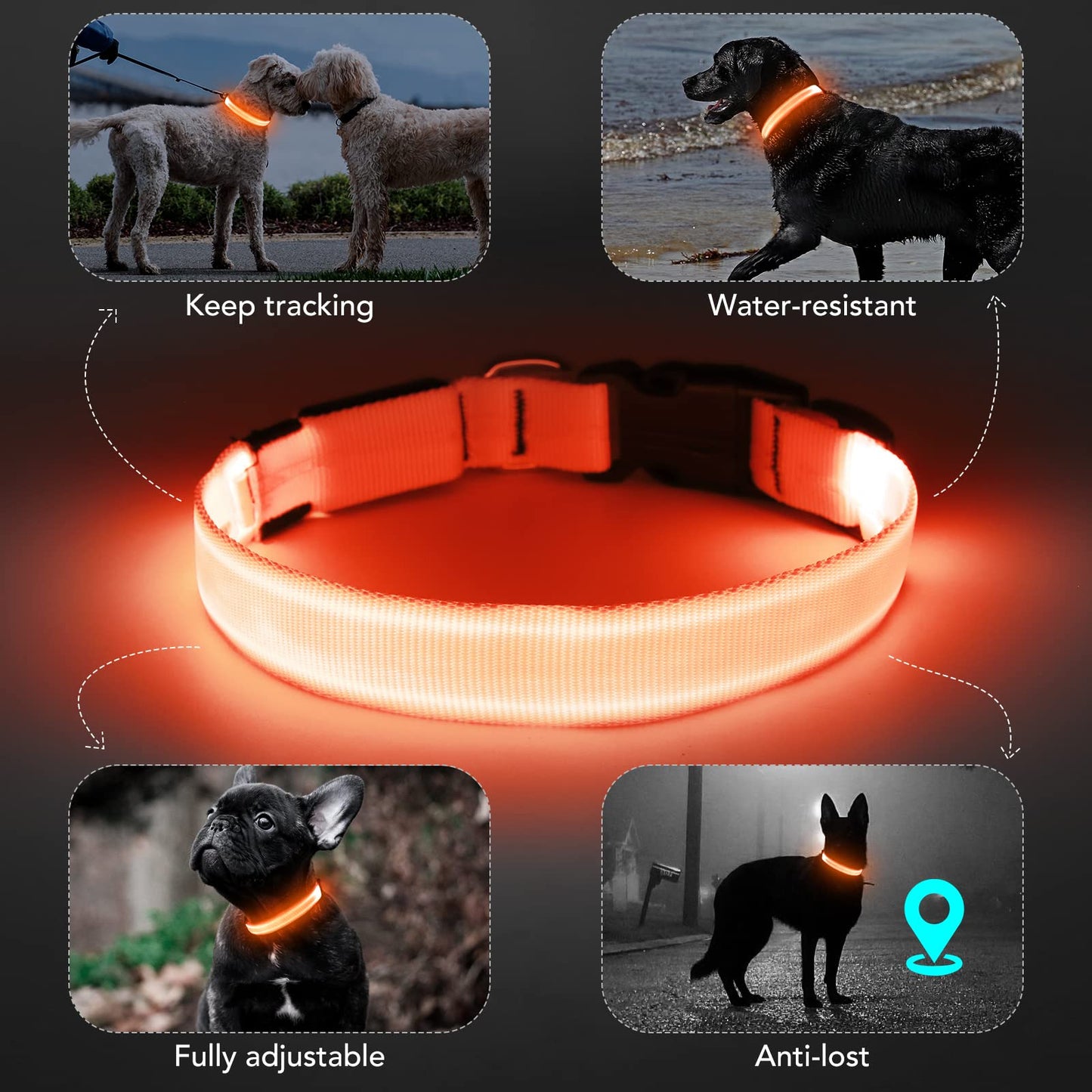 KOSKILL LED Dog Collar - Adjustable, Waterproof, Glow in Dark for Night Walking, Medium Large Dogs