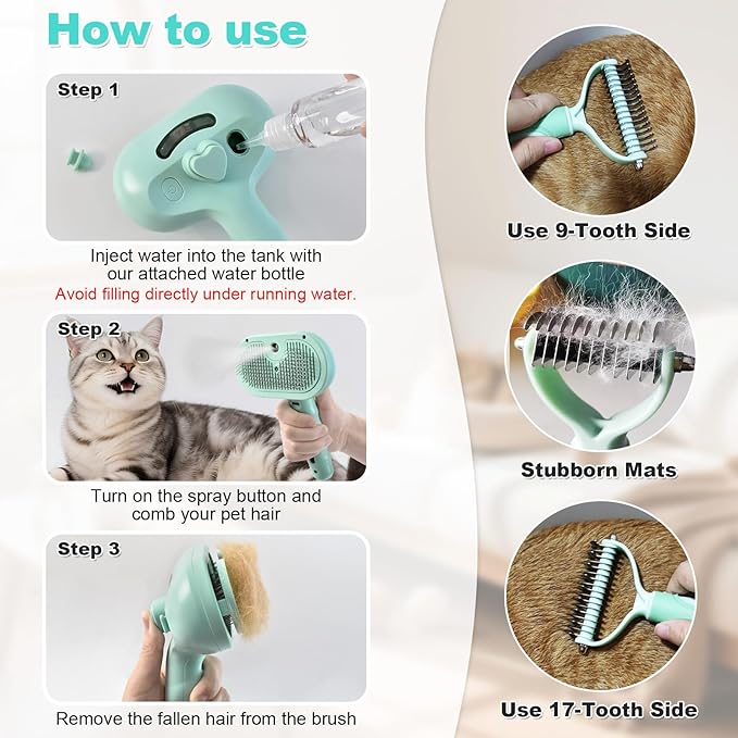 3-in-1 Pet Steam Brush for Dog Cat,Double-Sided Undercoat Rake for Shedding & Grooming,Spray Pet Hair Removal & Deshedding Dematting Comb for Long Short Haired,2 PCS