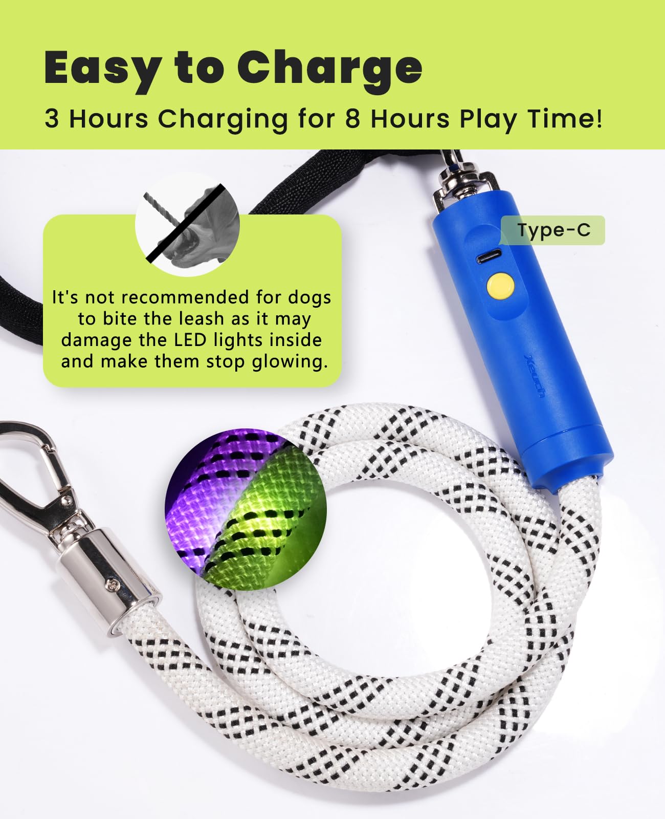Light Up Dog Leash, LED Pet Leash for Night Walking,13 Lighting Modes, Rechargeable Dog Lights, Glow in The Dark Walking Leashes with Tangle-Free Hook for Small Medium Large Dogs - 4 Ft
