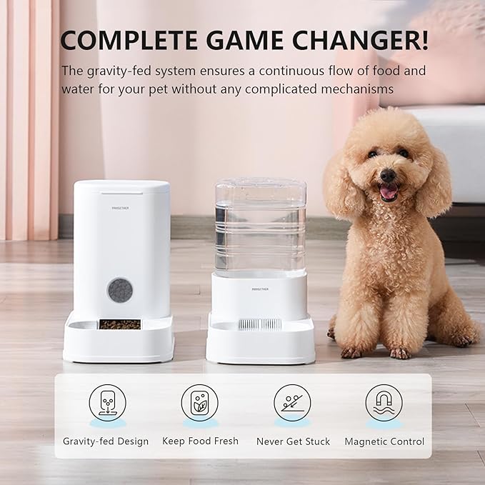 PAWGETHERยฎ 2 Pack Gravity Cat Feeder and Water Dispenser 1 Gallon/3.5L Automatic Cat and Dog Feeder and Waterer with Pet Food Bowl for Puppy Kitten