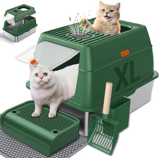 Stainless Steel Litter Box with Lid, Cat Litter Box Enclosure XL Odor-Proof with Litter Mat, Covered Litter Box Rust-Resistant Durable for Big Cat, Easy Clean 37L Capacity (Green)