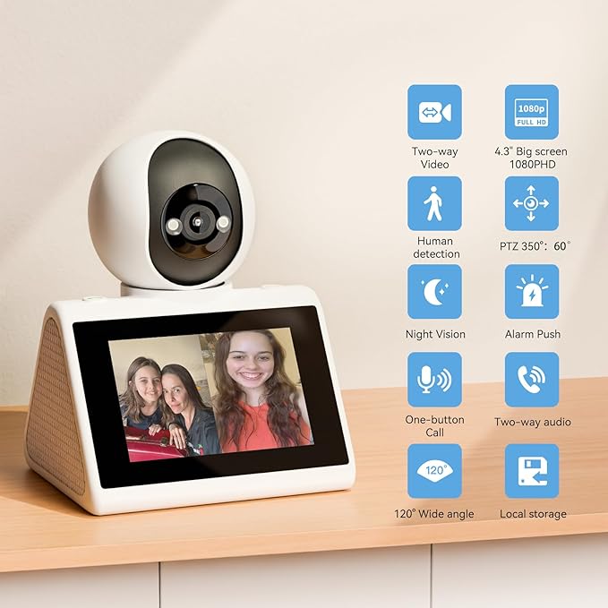 Home Security Camera with 4.3" Screen, Two Way Video Camera for Elderly, Baby and Pets, 1080P Dog Camera with Motion Detection