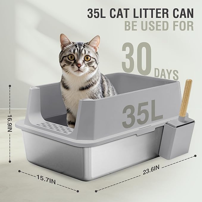 2 Pack TIPOOP XL Stainless Steel Enclosed High Sided Cat Litter Box with Lid, 24'' L × 16'' W × 17'' H - Odor Control & Easy Cleaning,Non-Sticky, Include Litter Scoop,Grey
