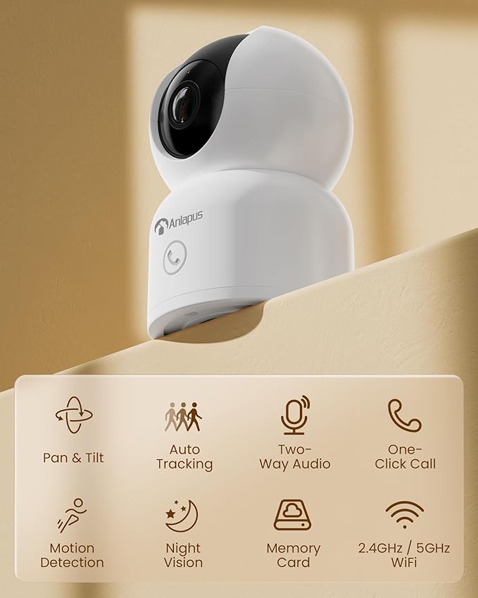 Anlapus 2MP Home Security Indoor Camera, C518 1080p Pan/Tilt WiFi Camera, 2.4/5 GHz 360° Plug-in Camera, Motion Detection, One-Touch Call, Auto Tracking, Night Vision (Memory Card Not Include)
