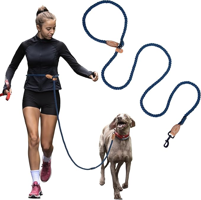 Mile High Life Hands Free Dog Leash, Crossbody Waist Leash with Genuine Leather Connection, Multifunctional Adjustable Slip Lead for Dog Walking Running (Navy Blue, MF)