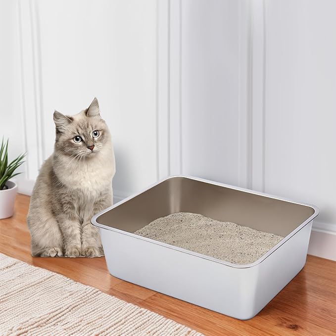 Stainless Steel Cat Litter Box 2Pack,Medium Metal Cat Litter Box,Steel Litterbox for Kitty or Rabbits, Easy to Clean,Non Stick, No Smell(17.7" L x 13.7" W x 6" H).