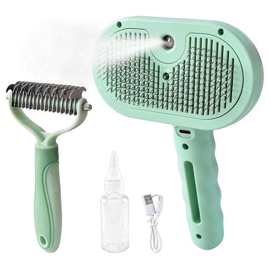 3-in-1 Pet Steam Brush for Dog Cat,Double-Sided Undercoat Rake for Shedding & Grooming,Spray Pet Hair Removal & Deshedding Dematting Comb for Long Short Haired,2 PCS