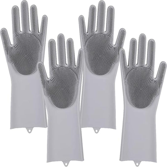 2 pairs Silicone Dishwashing & Pet Grooming Gloves - 2-in-1 Heat Resistant Gloves with High-Density Teeth, Enhanced Five Finger Design for Bathing, Cleaning Dishes, Cars, Dogs & Cats (Gray)
