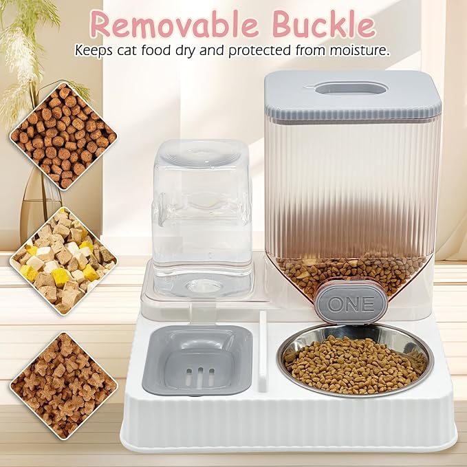 Fhiny Gravity Cat Feeder & Water Dispenser, 2 in 1 Automatic Puppy Waterer Removable Stainless Steel Food Bowls Set Self Feeding Pet Food Storage for Cat Kitten Puppy Easy Clean (Grey)