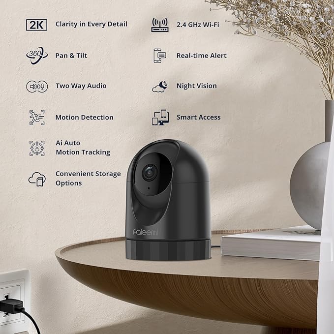 2K Pan/Tilt Indoor WiFi Security Camera with Motion Detection & Auto Tracking, Night Vision, 2-Way Audio, Siren, SD/Cloud Storage (1, Black)