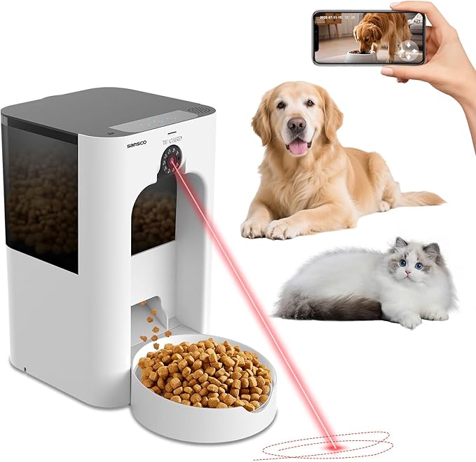 SANSCO Automatic Cat Feeder with Camera: Automatic Dog Feeder, 2MP Video Recording Timed 2.4 & 5GHz WiFi App Control Pet Feeder Dispenser for Cat Dog, Rotates Up and Down, 4L