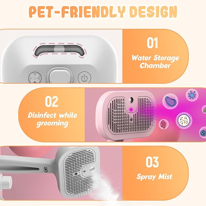 Comb for Cats Dogs, Cat Steam Brush, 3-in-1 Spray Hair Removal Comb for Shedding & Grooming, Effective Pet Brush for Indoor Cats (Yellow)
