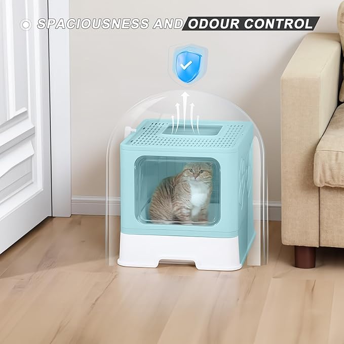 Upgrade Portable Litter Box, Top Entry Cat Box with Lid, No Leakage Kitty Box with Scoop and Mat, Easy Cleaning Cat Box Enclosure(Blue)