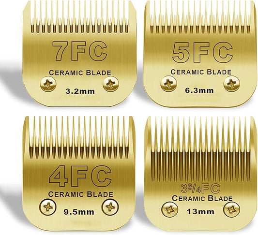 Detachable Pet Dog Grooming Clipper Ceramic Blades Set,Compatible with Andis,Oster A5,Wahl KM10 Series Clippers,Size 7FC/5FC/4FC/3FC 4 Pack,Gold