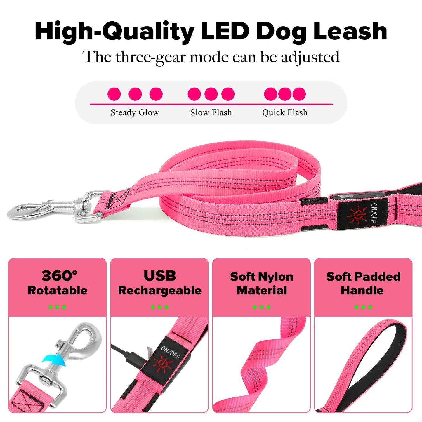 Illumifun LED Dog Leash - USB Rechargeable Light Up Dog Leash Glow in The Dark, Nylon Glowing Dog Lead for Your Dogs Walking (PinkⅡ)
