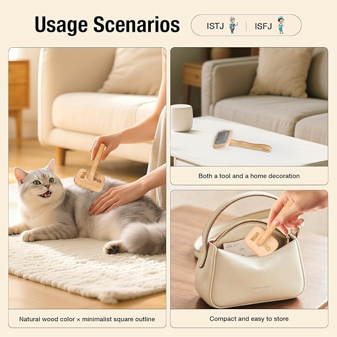 UTEE Slicker Brush for Small Dogs & Cats (Yorkies, Chihuahuas, Persian Cats) Gentle Grooming Tool with Stainless Steel Curved Pins & Ergonomic Beech Wood Handle — Ideal for Long or Thick Fur