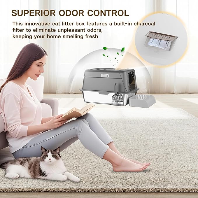 XX-Large Stainless Steel Cat Litter Box with Lid – Fully Enclosed Large Litter Box for Big Cats, Odor Control with Magnetic Door, Easy Clean, Multi-Cat Durable Metal Pan (Natural Color)