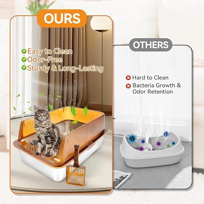 Stainless Steel Cat Litter Box, 23.6" x 15.7” x 11.8” Extra Large Semi Enclosed Litter Box for Big Cats High Sided Metal & Scoop Absorbs Odors, Anti-Urine Leakage, Non-Sticky & Easy Cleaning