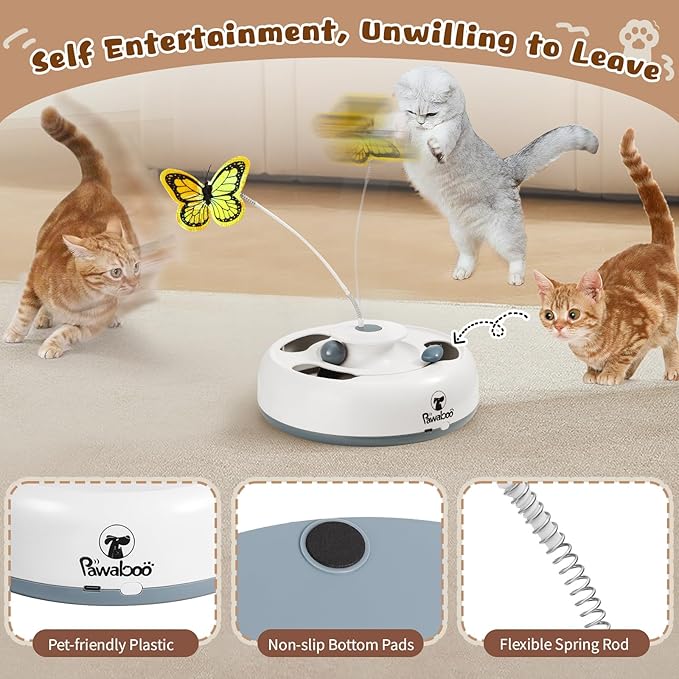 Pawaboo 3-in-1 Automatic Interactive Cat Toy, Electronic Motion Kitten Toy with Fluttering Butterfly Teasers, Track Ball & Random Hide Mouse, USB Rechargeable Cat Teaser Mouse Toys for Indoor Kitties
