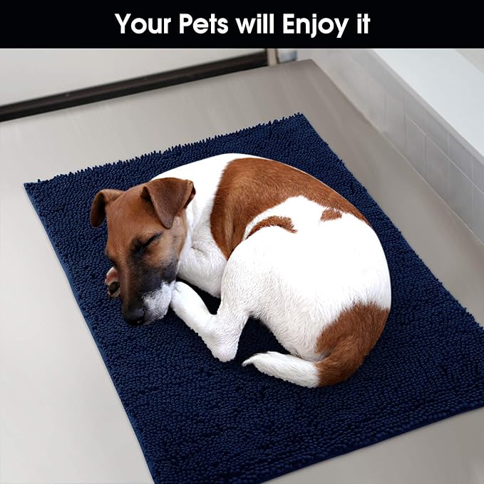 HOMEIDEAS Doormat Indoor Entrance, 32"x20", Highly Absorbent Chenille Muddy Dog Washable Non Slip Front Welcome Door Floor Mat for Entryway, Navy Blue