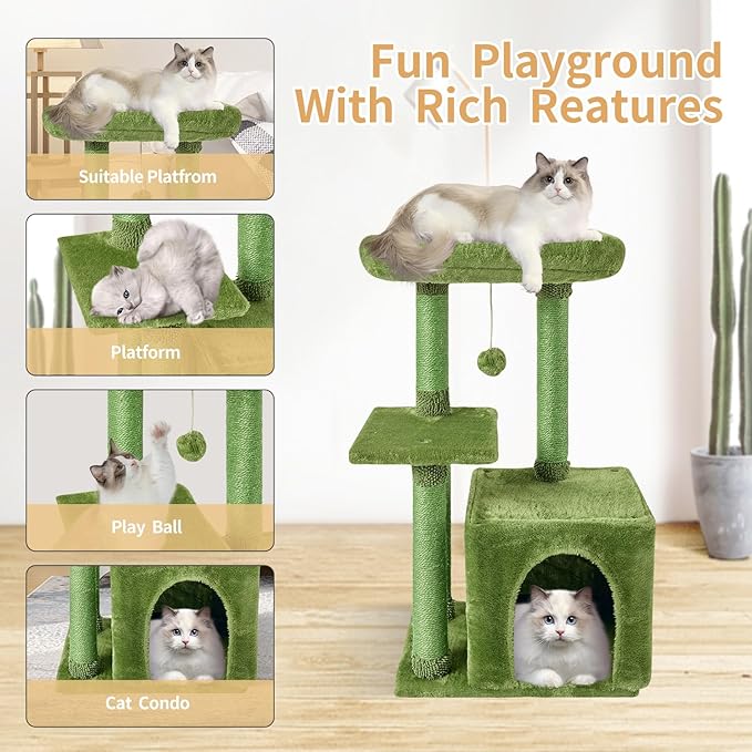 FISH&NAP Cute Cat Tree Kitten Cat Tower for Indoor Cat Condo Sisal Scratching Posts with Jump Platform Cat Furniture Activity Center Play House Green