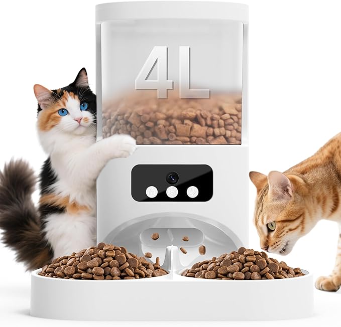 Automatic Cat Feeder with Camera for 2 Cats,1080P HD Video Night Vision Pet Feeder Food Dispenser,5G&2.4GHz WiFi Pet Feeder with 2 Way Audio,Smart App Control 4L Pet Dry Food Dispenser for Cat/Dogs