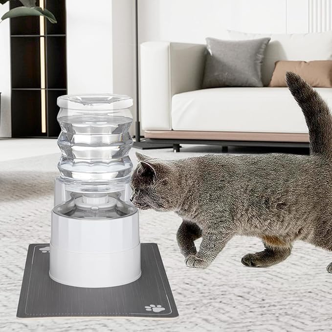 Sfozstra Automatic Gravity Water Dispenser: 5L White Stainless Steel Pet Bowl Waterer with Waterproof Pad - Raised Edge Water Feeder for Cats & Small Dogs Indoor/Outdoor