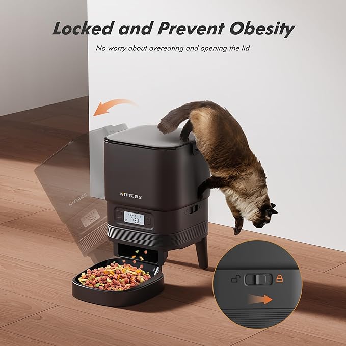 Automatic Cat Feeder - Nityers 4L Timed Cat Dry Food Dispenser, Programmable Portion Size,1-6 Meals Per Day, Dual Power Supply, Detachable Washable, Auto Pet Feeder for Cats and Small Dogs