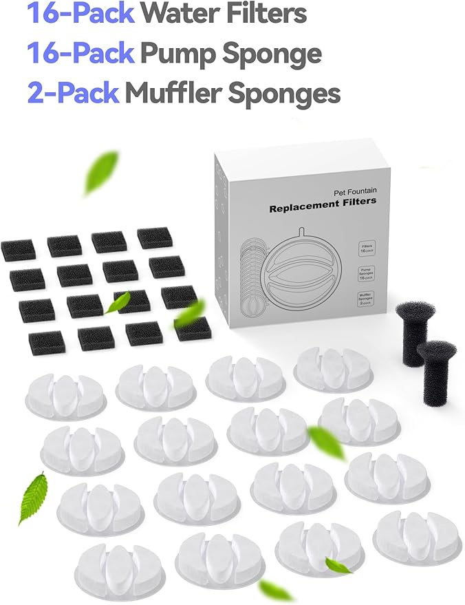 SIBAYS Cat Water Fountain Filters, Pet Water Fountain Filter Replacement for 3.5L/118oz Pet Fountain, Food Grade Activated Carbon and PP Cotton, 16pcs Filters+ 16pcs Pump Sponges+ 2pcs Muffler Sponges