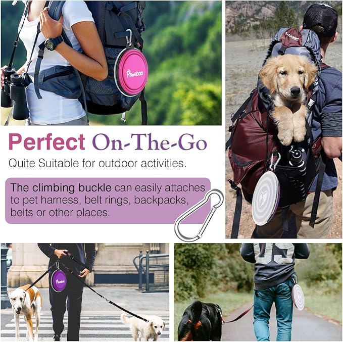 Pawaboo Collapsible Dog Bowls 2 Pack, Silicone Feeding Watering Bowls with Lids & Carabiners for Dogs Cats, Portable Water Feeder Food Bowl for Walking Traveling Home Use, Pink + Purple
