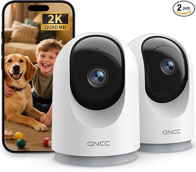GNCC 2K Cameras for Home Security-Indoor Pan/Tilt Cameras for Baby Monitor/Pet Camera with Phone App, Night Vision, Motion Detection, 2-Way Audio, 24/7 SD Recordings, 2.4Ghz WiFi (2Pack)