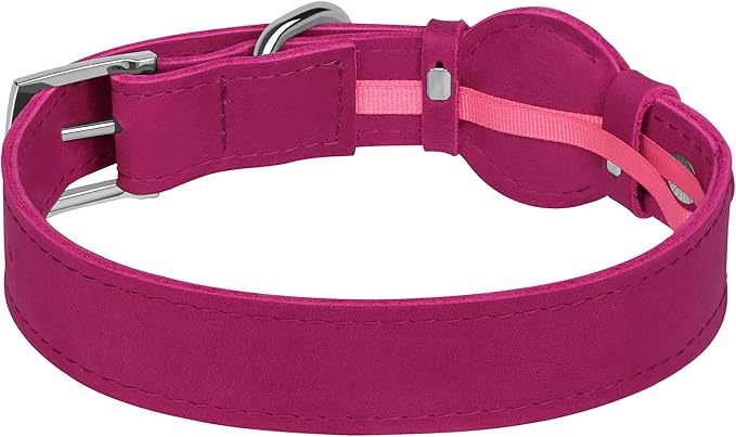 Leather Dog Collar with Airtag Holder - Apple AirTag Dog Collars - Soft Tracking Smart GPS Pet Collar for Small Medium Large Dogs Puppy (Pink, L, 15"-19" Neck Fit)