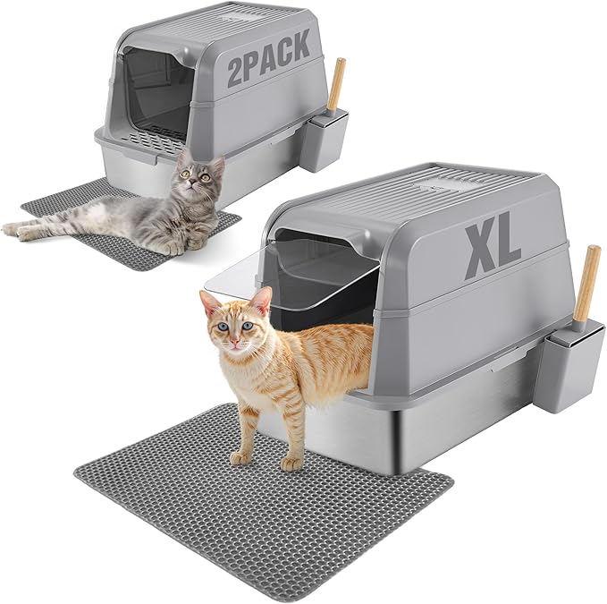2 Pack TIPOOP XL Stainless Steel Enclosed High Sided Cat Litter Box with Lid, 24'' L × 16'' W × 17'' H - Odor Control & Easy Cleaning,Non-Sticky, Include Litter Scoop,Grey