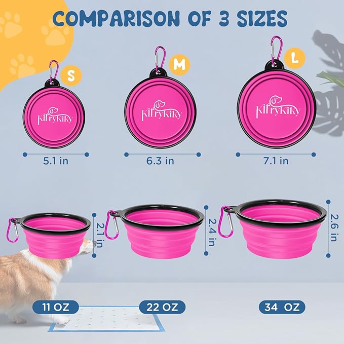 Collapsible Dog Bowls, 2 Pack 11oz Pack Portable Travel Dog Bowls, Foldable Water Bowl for Dogs Cats, Pet Feeding Watering Dish with Carabiner, Food Grade Silicone BPA Free(Pink+Orange, Small)