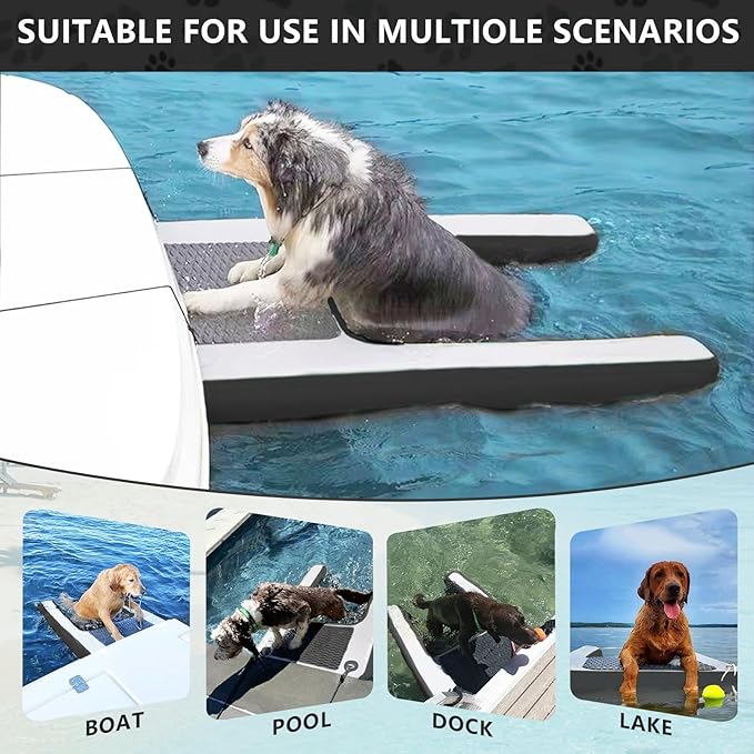 Inflatable Dog Water Ramp, Non-Slip Floating Dock Ladder for Pools, Boats & Lakes, Pool Ramp for Dogs Up to 200 Pounds, Black