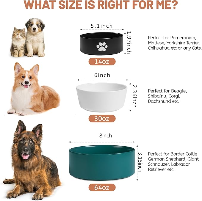 Large Dog Bowls, Non Slip Heavy Ceramic Dog Food and Water Bowl with White Silicone Base, 2 Pack Pet Feeding Bowls for Medium, Big and Giant Dogs (Black+Green, 8 Inches)
