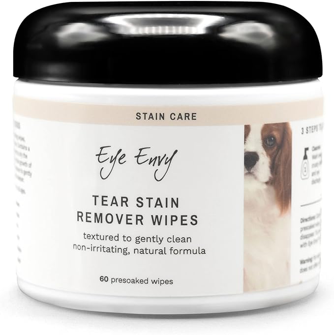 Eye Envy Tear Stain Wipes for Dogs. Textured to Gently Clean. Presoaked in 100% Natural Formula. Recommended by AKC Breeders, Vets, Groomers. Treats The Cause of Staining. USA Made. 60 Dog Eye Wipes