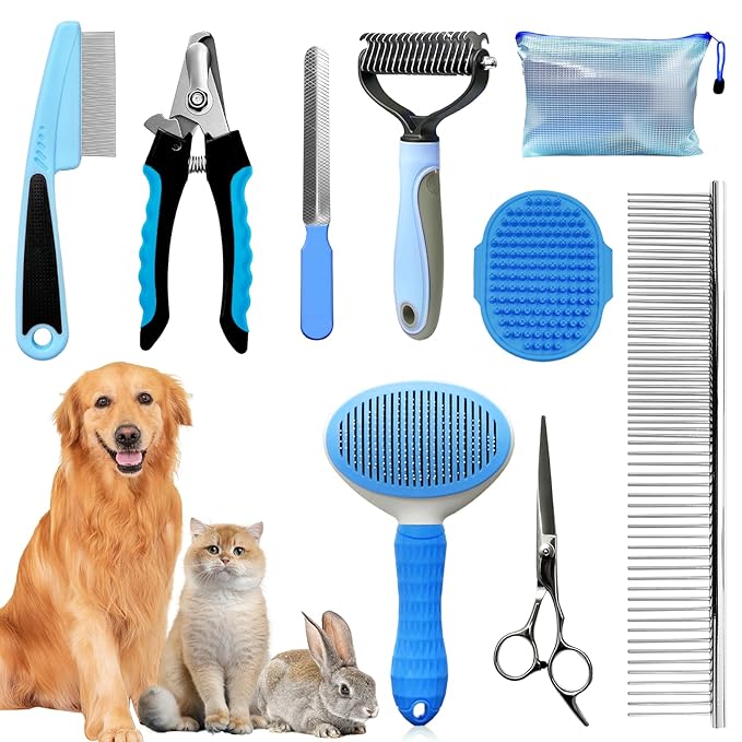 Dog Brush & Grooming Kit – 9-Piece Pet Brush & Deshedding Set for Shedding, Bathing, Trimming & Nail Care | Grooming Tools for Dogs & Cats, Includes Comb, Nail Clipper, Scissors, Slicker Brush (Blue)