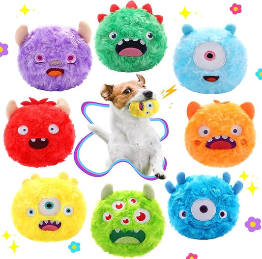 HyDren 8 Pack Soft Squeaky Dog Ball Toys 2 In1 Fuzzy 4" Dog Balls with Squeakers Plush Funny Puppy Ball Bulk Small Dog Valentine Toys Monster Dog Chewers for Small Medium Puppy Dog Pet Birthday Gift