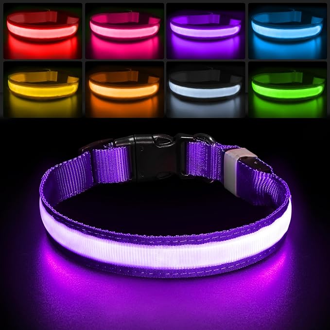 PcEoTllar Light up Dog Collar for Night Walking - LED Dog Collar Light Rechargeable Color Changing, Glow in The Dark Dog Collars Waterproof Glowing Dog Collars for Large Small Medium Dogs, Purple S